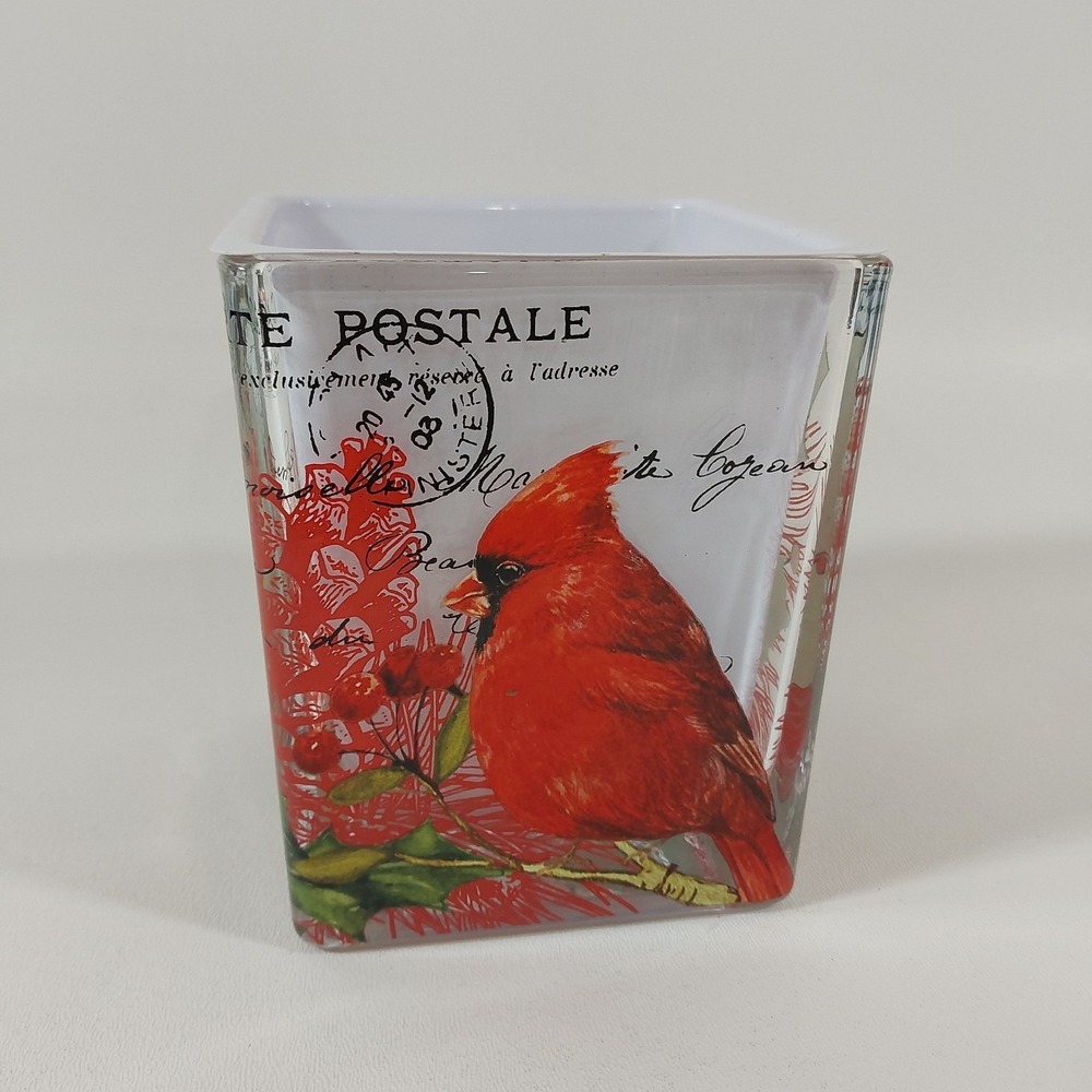 4" Sq French Postcard Cardinal Vase by Teleflora Holiday Candy Flowers W/ Insert
